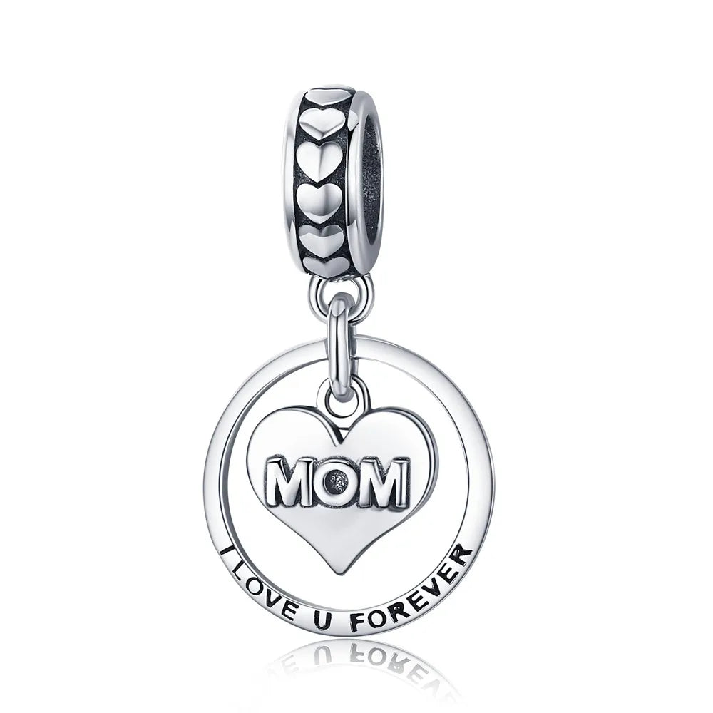 925 Sterling Silver Mom Love Charm with Red Zircon