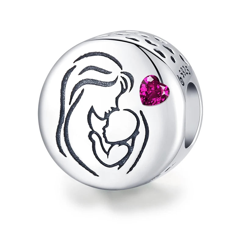 925 Sterling Silver Mom Love Charm with Red Zircon