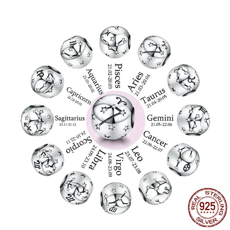 925 Sterling Silver Zodiac Charm with Sparkling Zircon