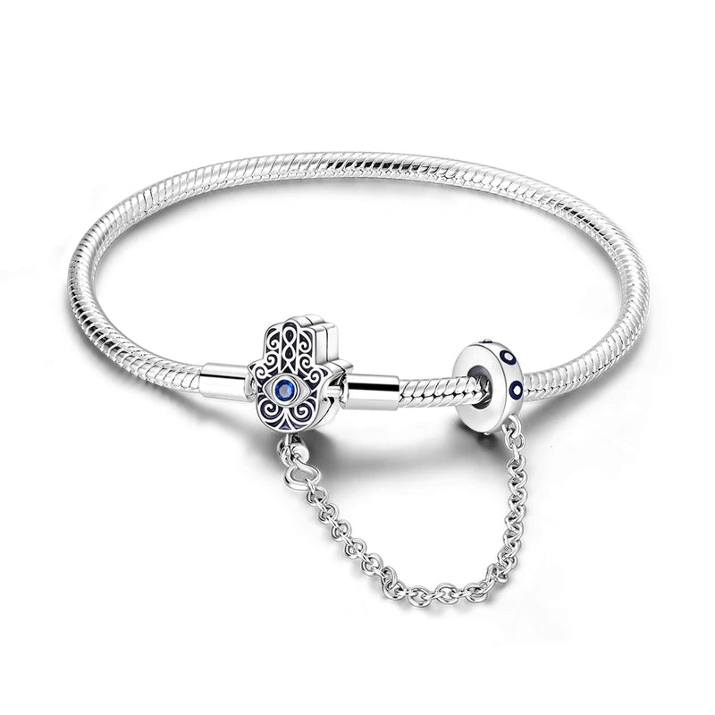 925 Silver Hamsa Hand Snake Chain Bracelet for Women