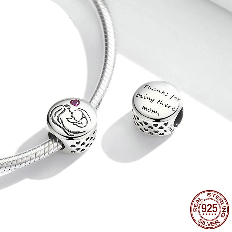 925 Sterling Silver Mom Love Charm with Red Zircon